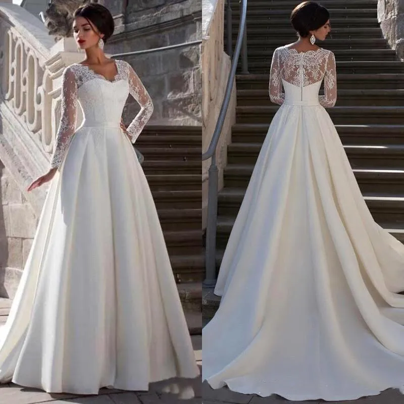 Top Trends: Modest Lace Appliqued A-line Satin Wedding Dress V Neck Sheer Back Long Sleeve For Women Princess Robe De Mariee Customize 2022 Shoppable Styles