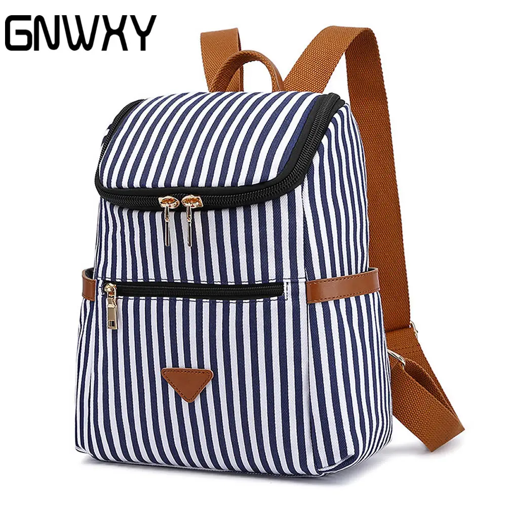 Top Trends: GNWXY Vintage Canvas Stripe Women Backpack Fashion Travel Bag College Students Girl Schoolbag Daily Life Mommy Bags Dropshipping Shoppable Styles