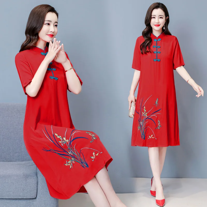 Top Trends: 2021 M-4XL Plus Size Vintage Red Embroidery Chinese Traditional Qipao Casual Party Women Midi Dress Summer Cheongsam Dresses Shoppable Styles