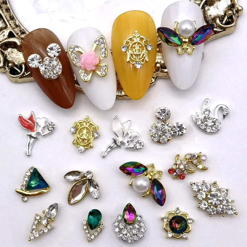 Top Trends: 10pcs / package Manicure Decorations 3D Bee Mickey Gold Fish Fairy Variety Shiny Rhinestone Gem Design Nail Decoration Accessories Shoppable Styles