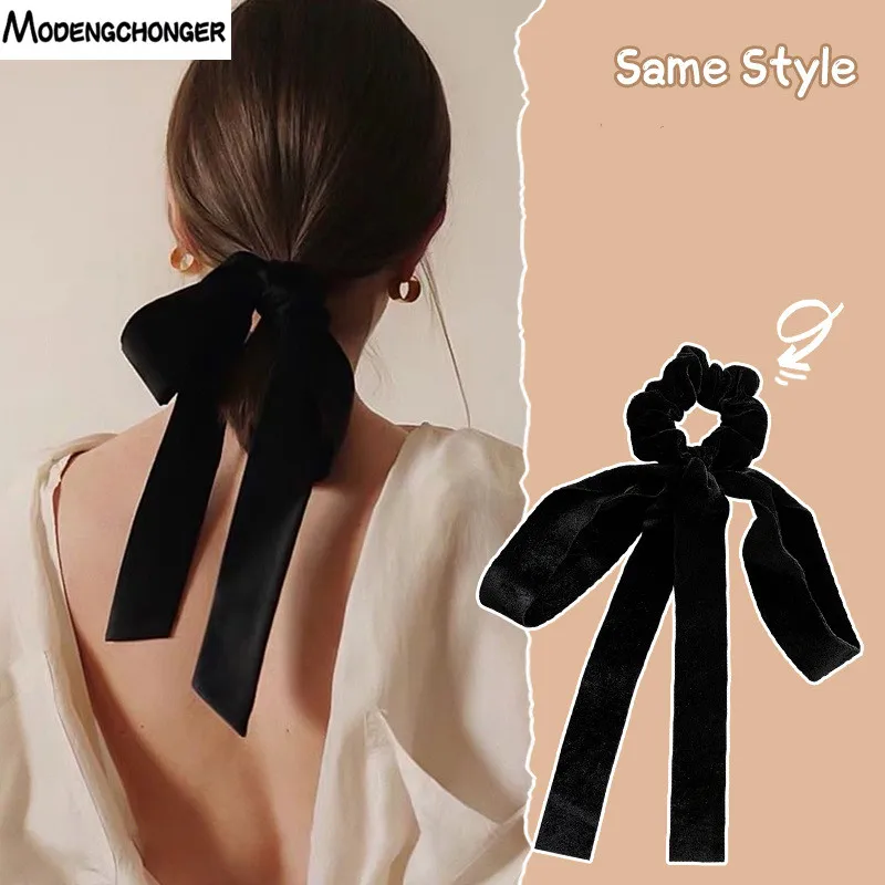 Top Trends: Fashion Vintage Black Velvet Bow Hair Ribbon Scrunchie For Women Girls Long Elastic Hair Tie Headwear Female Hair Accessories Shoppable Styles