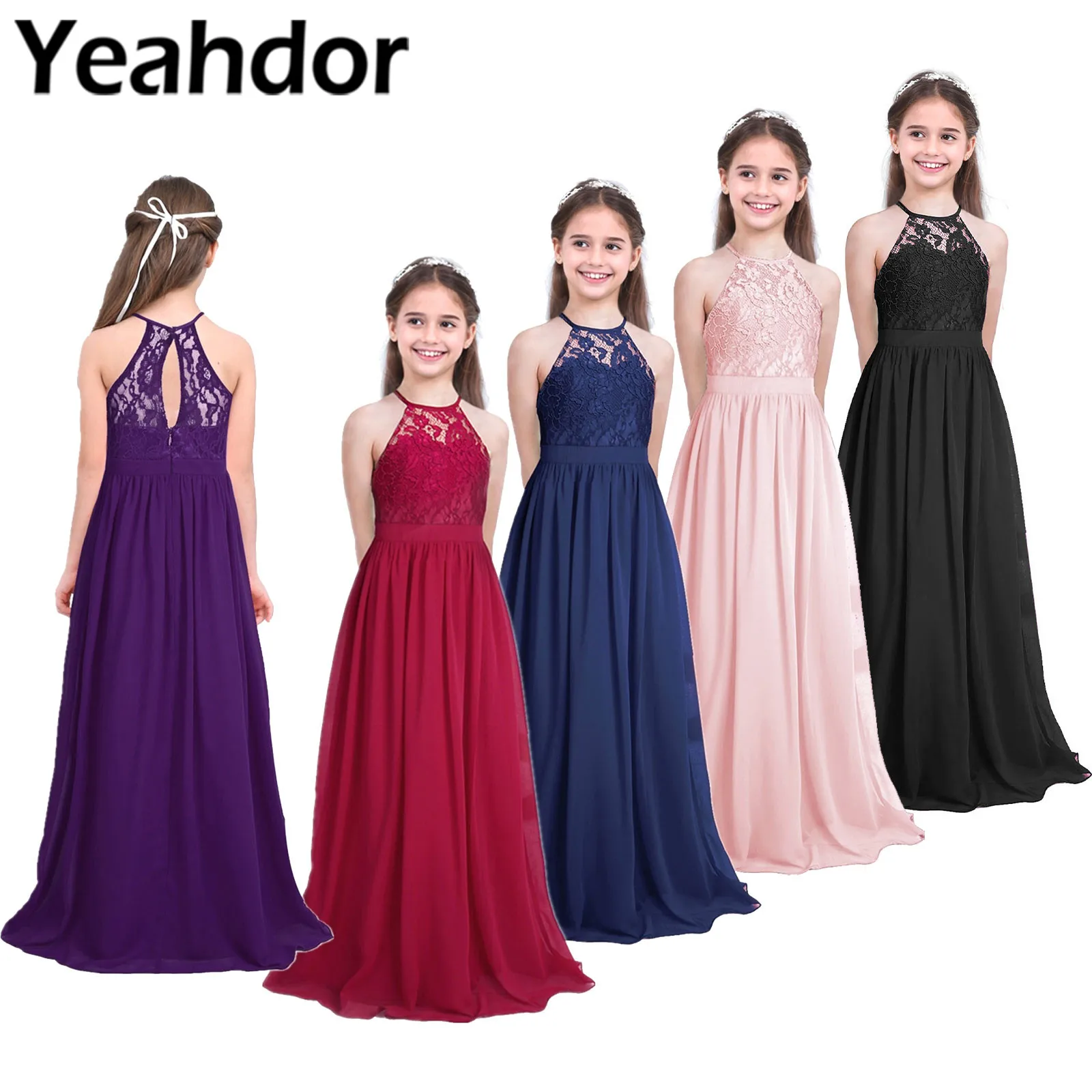 Top Trends: Little Bridesmaid Dress Kids Halter Maxi Long Dress Prom Ball Gown Lace Chiffon Flower Girls Dresses Wedding Party Costume Shoppable Styles