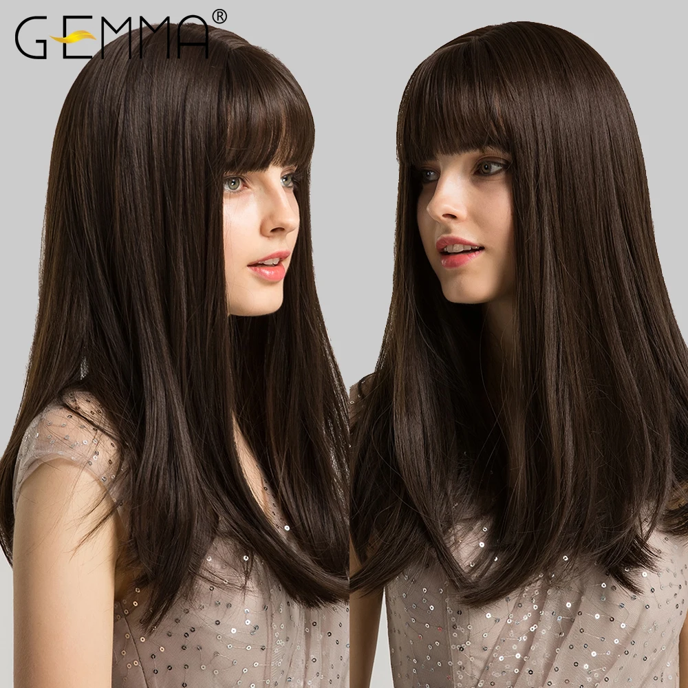 Top Trends: GEMMA Black Dark Brown Long Straight Bob Synthetic Wigs With Bangs Cosplay Party Daily Heat Resistant Hair Wigs For Black Women Shoppable Styles