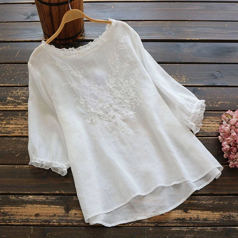 Top Trends: 100% Cotton Summer Blouse Women Floral Embroidery Shirt Vintage O-neck Short Sleeve Blusas Casual Tops Tunic Large Size Shirts Shoppable Styles