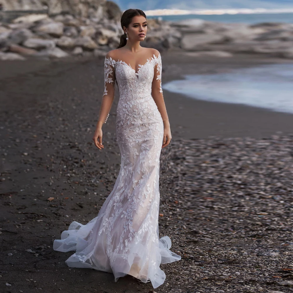 Top Trends: Beach Long Sleeves Mermaid Tulle Wedding Dress Elegant V-Neck Lace Appliques Illusion Back With Button Bridal Gown Custom Made Shoppable Styles