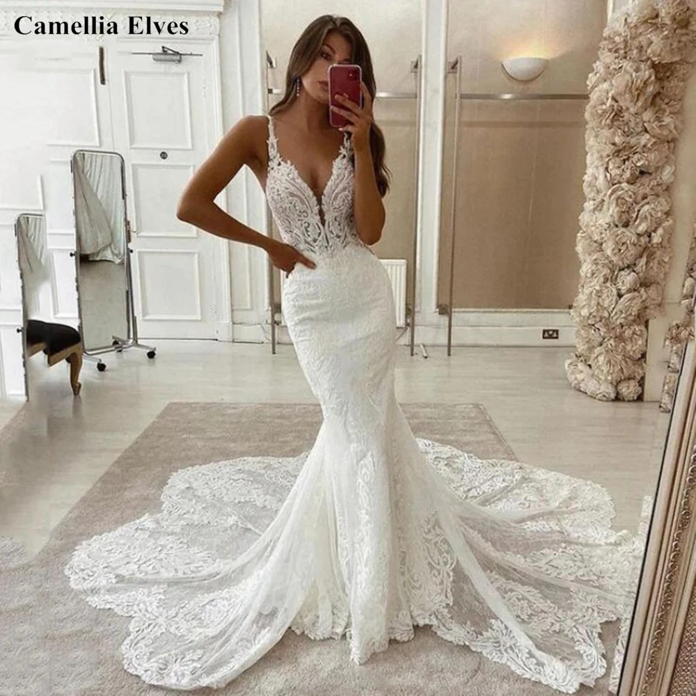 Top Trends: Sexy Lace Mermaid Wedding Dresses 2023 Spaghetti Strap Bride Dress Backless Appliques Bridal Gowns Sleeveless Vestido De Noiva Shoppable Styles