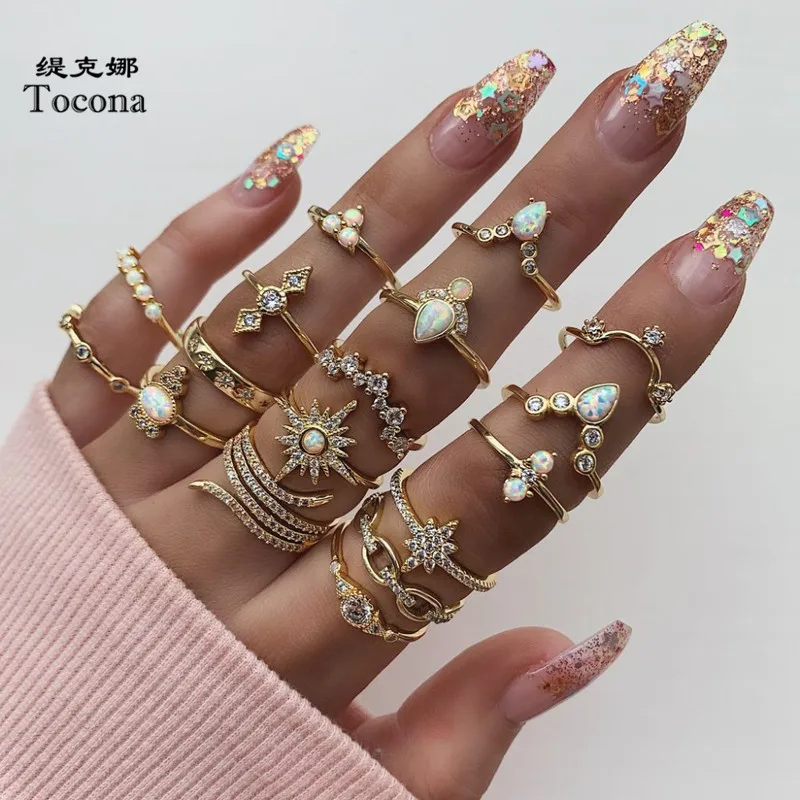 Top Trends: Tocona Boho 17pcs / sets Luxury Clear Crystal Stone Wedding Ring For Women Men Water Drop Flowers Sun Geoemtric Jewelry кольца Shoppable Styles