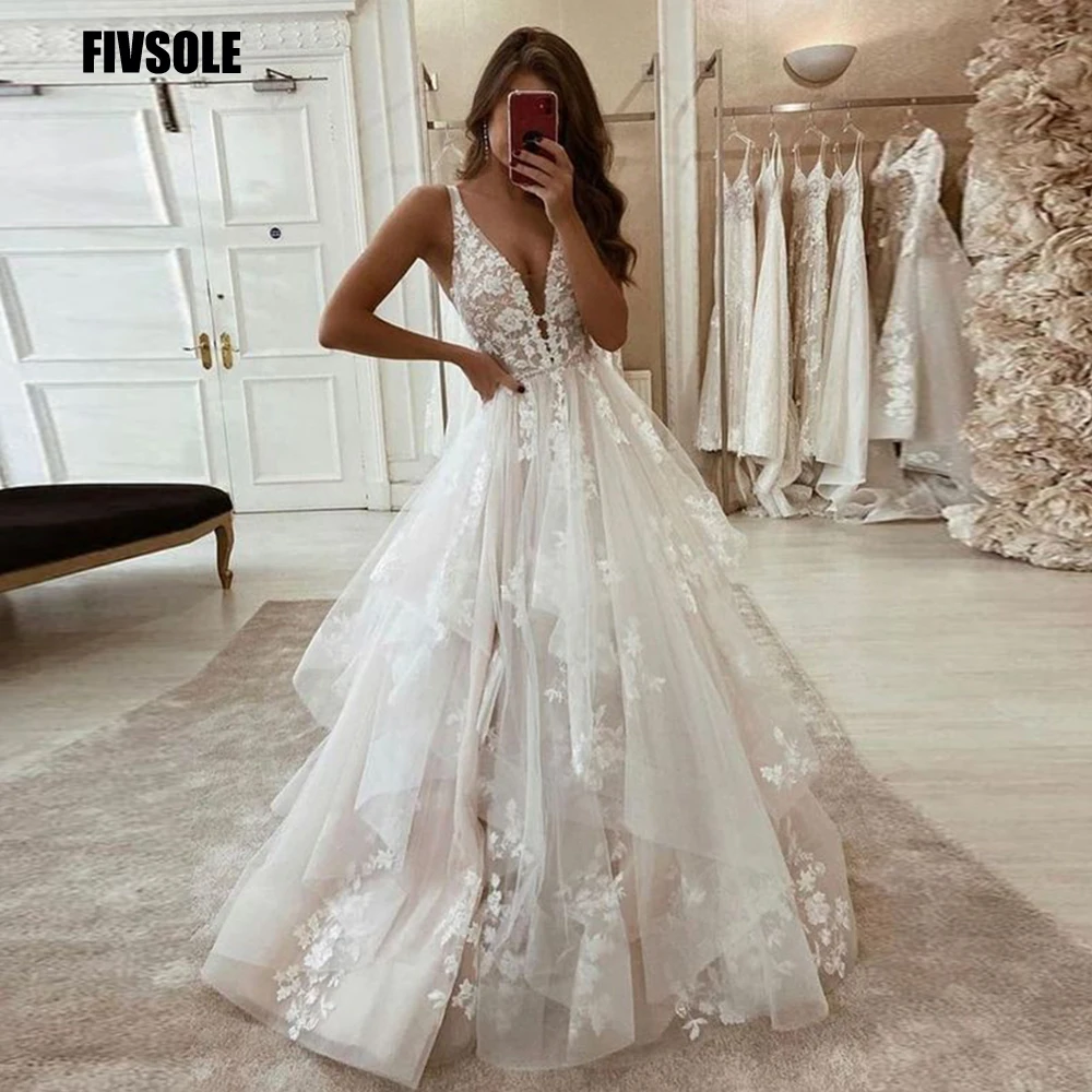 Top Trends: Fivsole Deep V-neck Ball Gown Wedding Dresses Fashion Appliques Floor Length Vestidos De Noiva Formal Bride Wedding Gowns Shoppable Styles