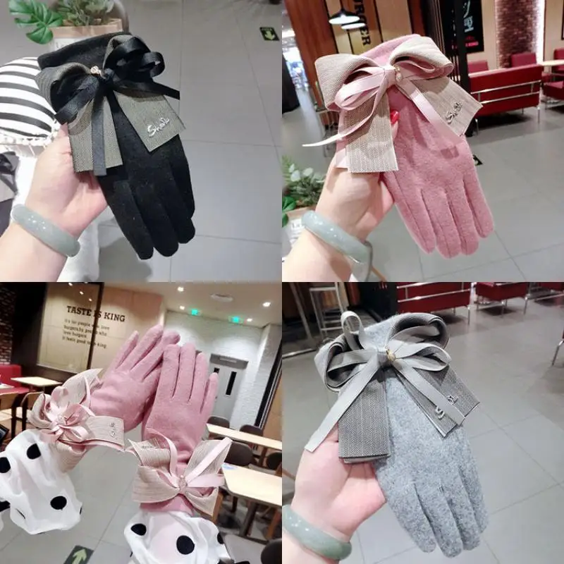 Top Trends: Autumn And Winter Bowknot Cashmere Gloves Korean Fashion Thickening Warm Letters Can Touch Screen Finger Gloves Women Shoppable Styles - Image 6