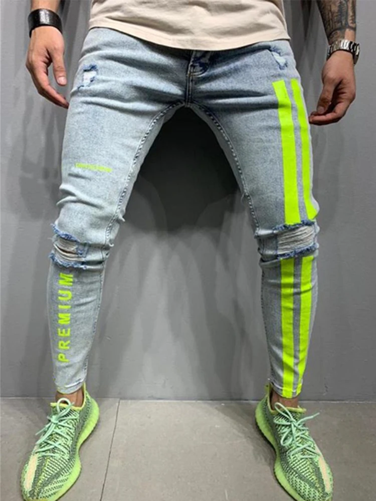 Top Trends: Biker Ripped Jeans Men Skinny Striped Zipper Denim Hole Wash Vintage Hip Hop Work Trousers Slim Printed Jeans European Big Size Shoppable Styles