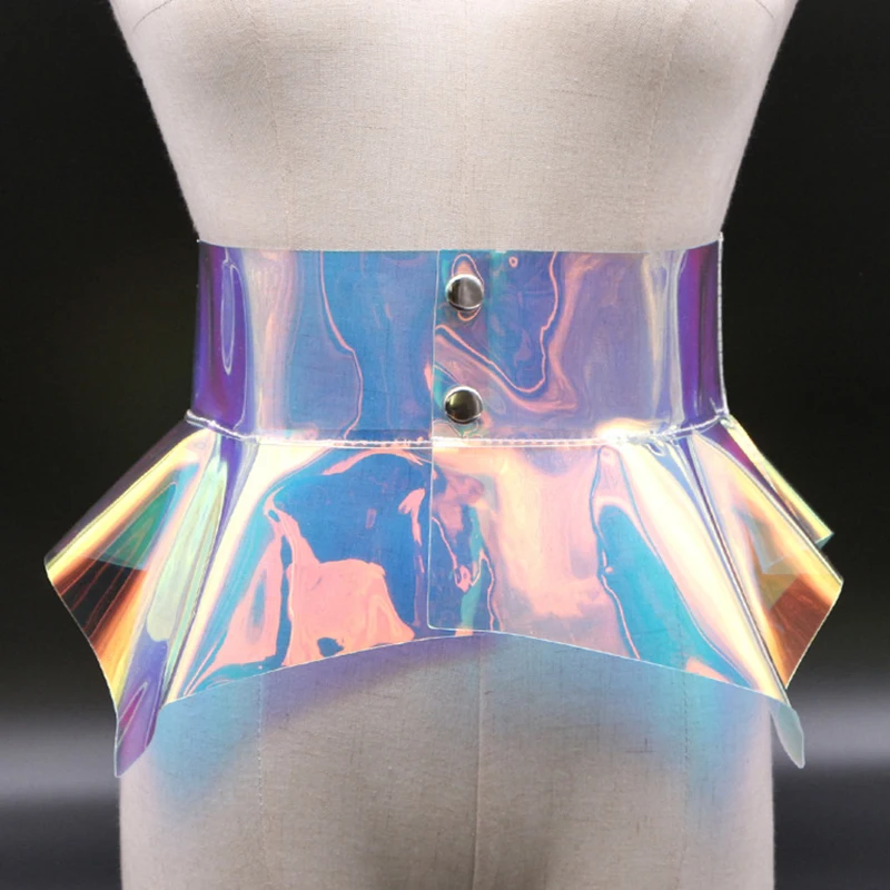 Top Trends: Fashion Women Transparent Wide Belt Laser Colourful PVC Waist Belt Corset Cummerbund Lrregular Pleated Clear Belts For Dress Shoppable Styles