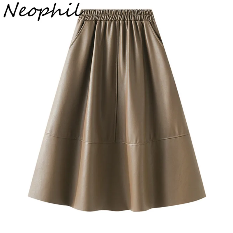 Top Trends: Neophil Korean Style Latex Sarong Women Winter Skirts Solid 2023 Retro Pu Faux Leather Umbrella Pockets Gray Midi Skirt S211101 Shoppable Styles