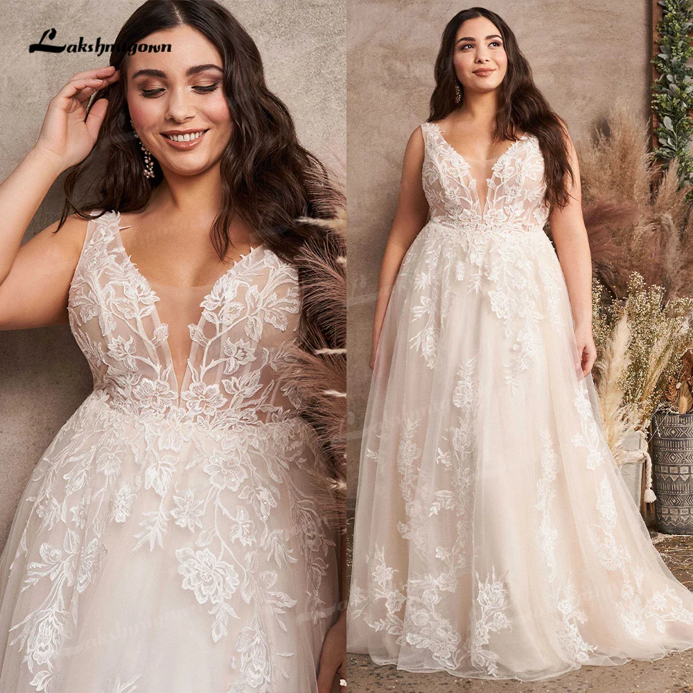 Top Trends: Plunging V-Neck Plus Size A-Line Wedding Dresses Lace Appliques Boho Modest Bridal Gown Romatic Plus+ Women Robe Mariage Femme Shoppable Styles