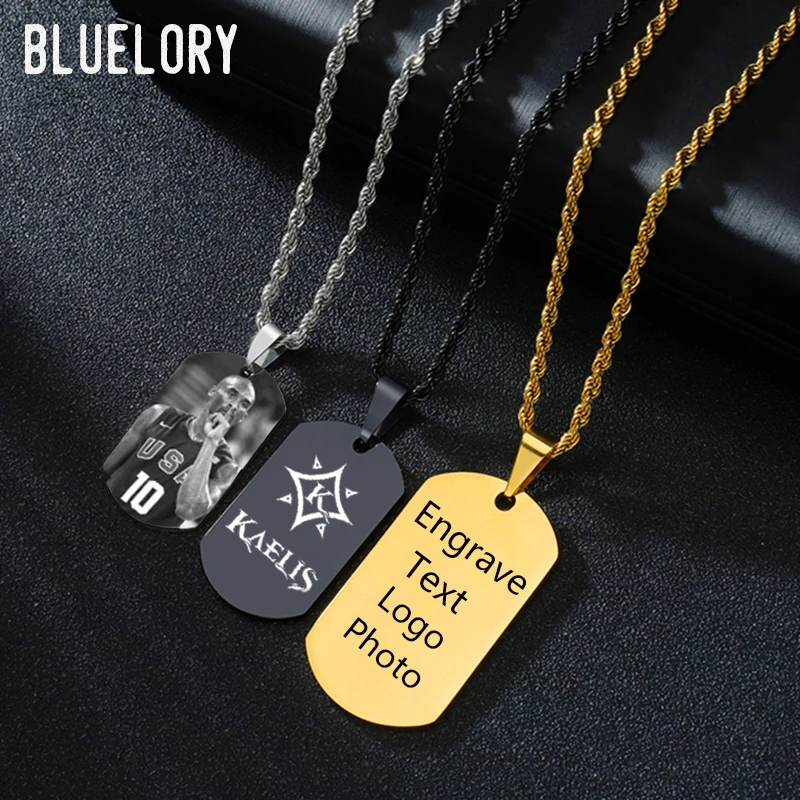 Top Trends: Bluelory Engraved Text Photo Logo Square Pendant Men Necklace Punk Stainless Steel Twist Chain Customized Jewelry For Boyfriend Shoppable Styles