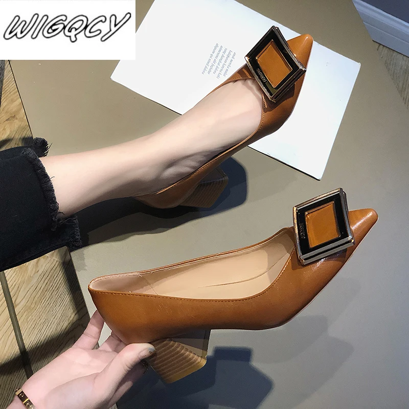 Top Trends: Square Heels Pointed Toe Pumps Shoes Women Leather Med Heels V Mouth Casual Office Lady OL Shoes 5 Cm Heel Shoppable Styles