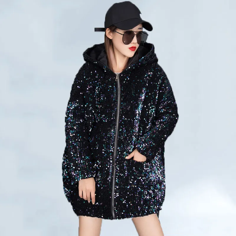 Top Trends: 2022 Winter Cotton Coat Women Sequins Long-sleeved Parka Jjacket Fashion Hooded Thick Warm Long Coat Streetwear 292 Shoppable Styles