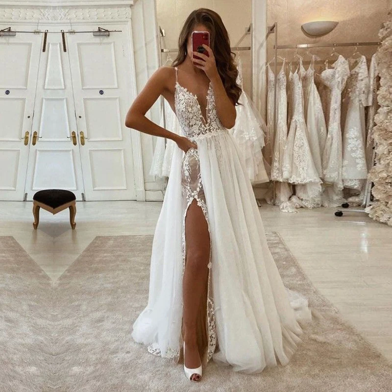 Top Trends: Wedding Dress Boho Spaghetti Strap Appliques Lace Bohemian Wedding Gowns Lace Bridal Dress Trouwjurk Robe De Mariage Shoppable Styles