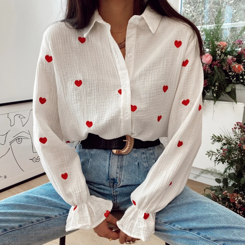 Top Trends: Woman Blouse 2023 New Casual Collar Blouses Women Elegant Long Sleeve Shirts With Hearts Red Blouse Heart Tops Shoppable Styles