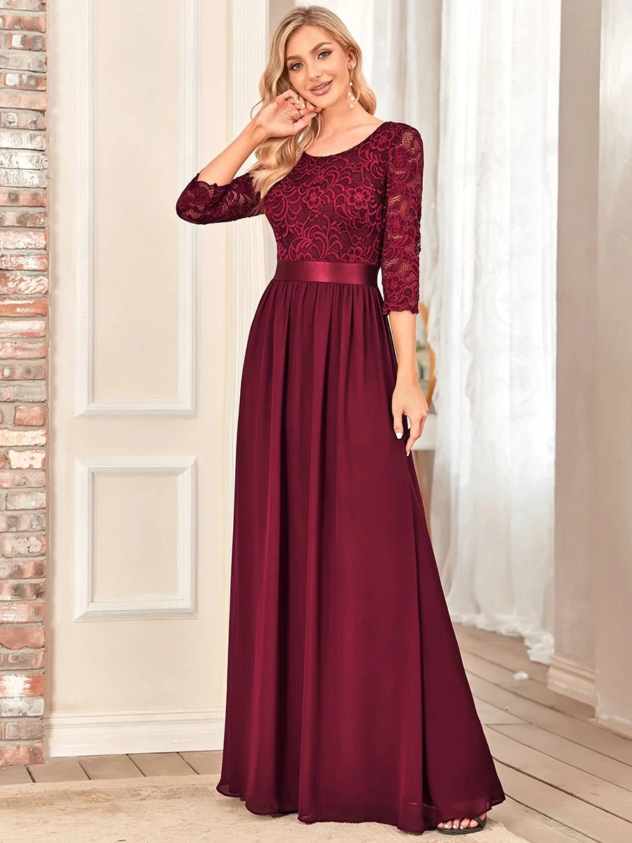 Top Trends: Elegant Evening Dresses O-Neck Backless Long Sleeve 2024 Ever Pretty Of Lace Chiffon Burgundy Bridesmaid Prom Long Dresses Shoppable Styles