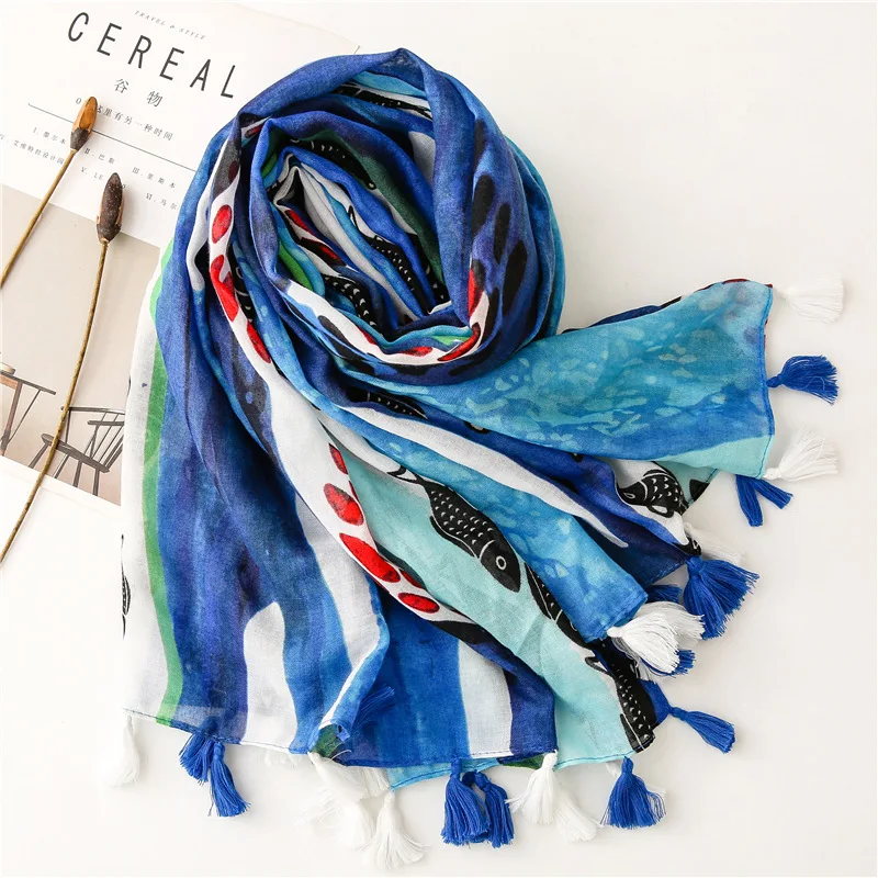 Top Trends: Lovely Creative Fish Pattern Tassel Viscose Shawl Scarf Lady High Quality Print Neckerchief Autumn Foulards Muslim Hijab Sjaal Shoppable Styles - Image 2