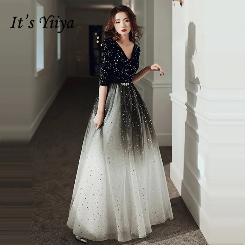 Top Trends: It's Yiiya Evening Dress For Women Gradient Black Shining Evening Dresses V-neck Formal Gowns Hafl Sleeve Robe De Soiree LF143 Shoppable Styles