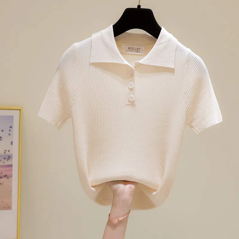 Top Trends: Vintage Polo Lapel Shirt Women T-Shirts 2021 Summer Knitted Short Sleeve Summer Solid Turndown Collar Button Elegant Slim Top Shoppable Styles