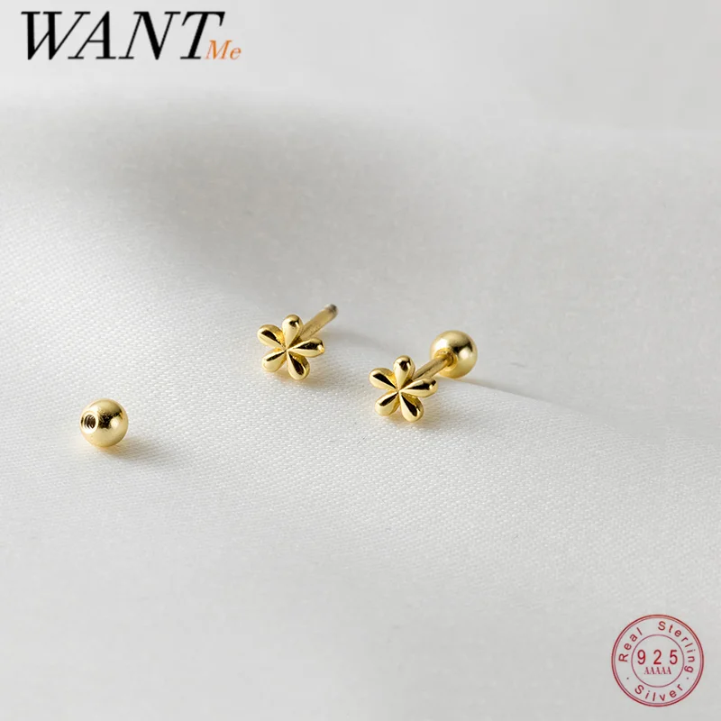 Top Trends: WANTME 925 Sterling Silver Fashion Simple Golden Flower Beads Small Stud Earrings For Women Teen Piercing Jewelry Accessories Shoppable Styles