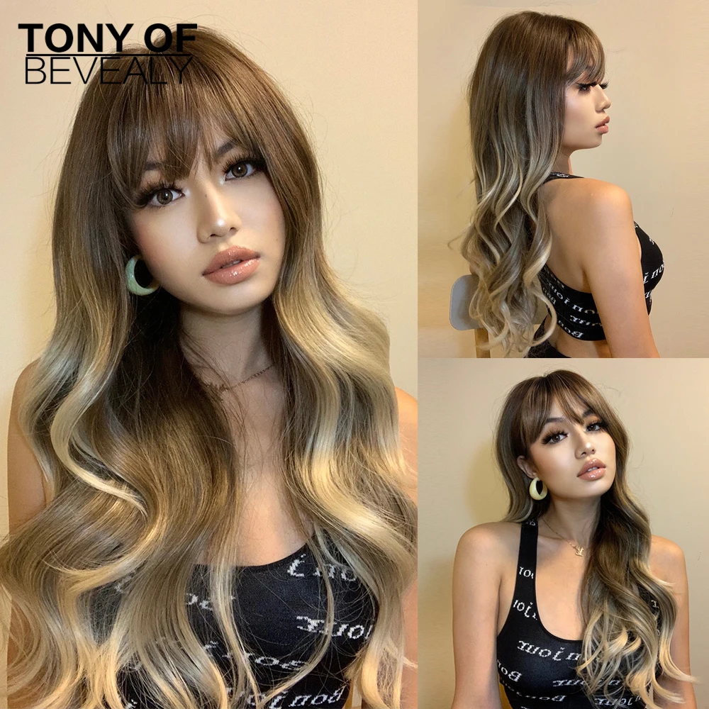 Top Trends: Brown To Blonde Ombre Synthetic Wigs Long Natural Wavy Heat Resistant Fiber Wigs For Women Afro With Bangs Cosplay Daily Wig Shoppable Styles