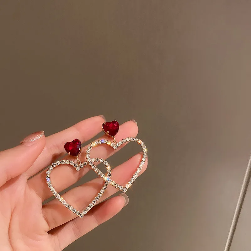 Top Trends: 2023 Korean Fashion Jewelry Shining Rhinestone Hollow Heart Drop Earrings For Women Girls Vintage Red Crystal Earrings Shoppable Styles