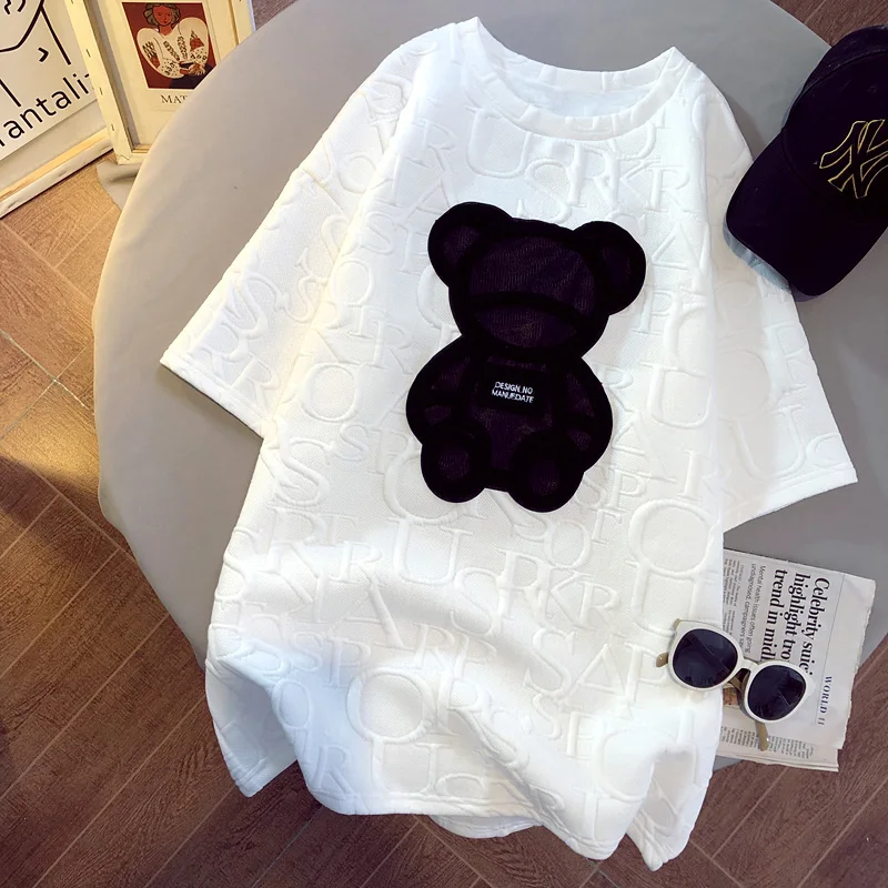 Top Trends: Women's T-shirts Harajuku Girls Plus Size Tops Letter Jacquard O-neck Short Sleeves Loose Summer Tshirt Bear White Tees M-5XL Shoppable Styles