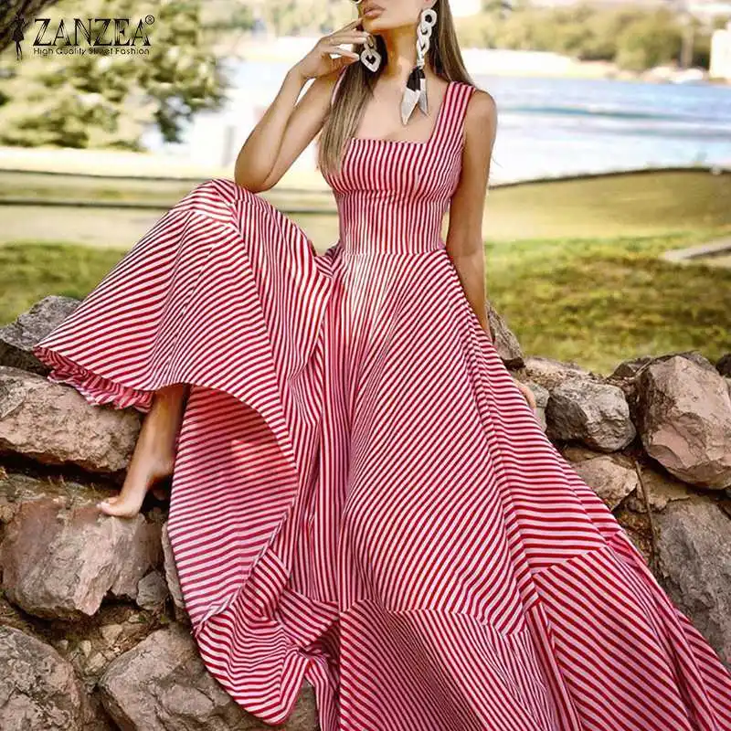 Top Trends: ZANZEA Holiday Long Maxi Dresses Womens France Elegant Tank Dress 2023 Summer Chic A Line Robe Party Striped Sleeveless Sundress Shoppable Styles