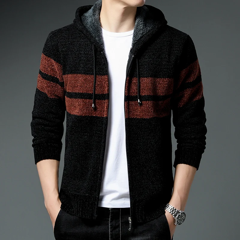 Top Trends: Men's Jacket Autumn Winter New Fleece Thick Knit Cardigan Warm Zip Up Coat Korean Hoodies Loose Casual Hooded Striped Sweater Shoppable Styles