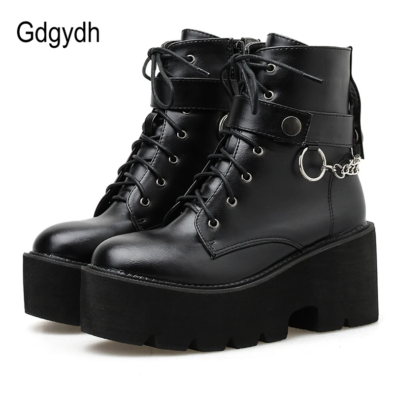 Top Trends: Gdgydh New Sexy Chain Women Leather Autumn Boots Block Heel Gothic Black Punk Style Platform Shoes Female Footwear High Quality Shoppable Styles