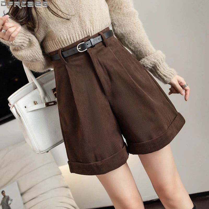 Top Trends: Streetwear Winter Corduroy Shorts Women Casual Loose Wide Leg Woolen Shorts With Belt High Waist Short Femme Black Khaki Brown Shoppable Styles