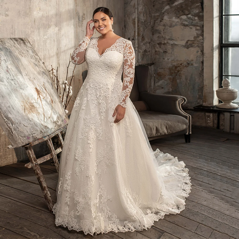 Top Trends: Modest Long Sleeves Plus Size Wedding Dress For Bride V Neck Lace Glitter Lace A Line Long Train Corset Bridal Gowns Shoppable Styles