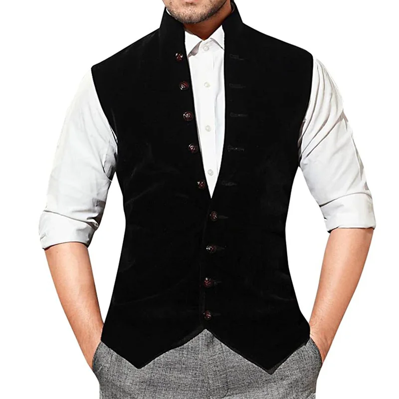 Top Trends: Men's Suit Vest Velvet Stand Up Collar Single Breasted Wedding Groom Vest Slim Fit Sleeveless Steampunk Vest For Men Waistcoat Shoppable Styles