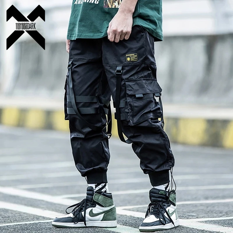 Top Trends: Tactical Cargo Pants Men Joggers Streetwear Ankle-length Pants Ribbons Elastic Waist Black Pant Hip Hop Male Shoppable Styles