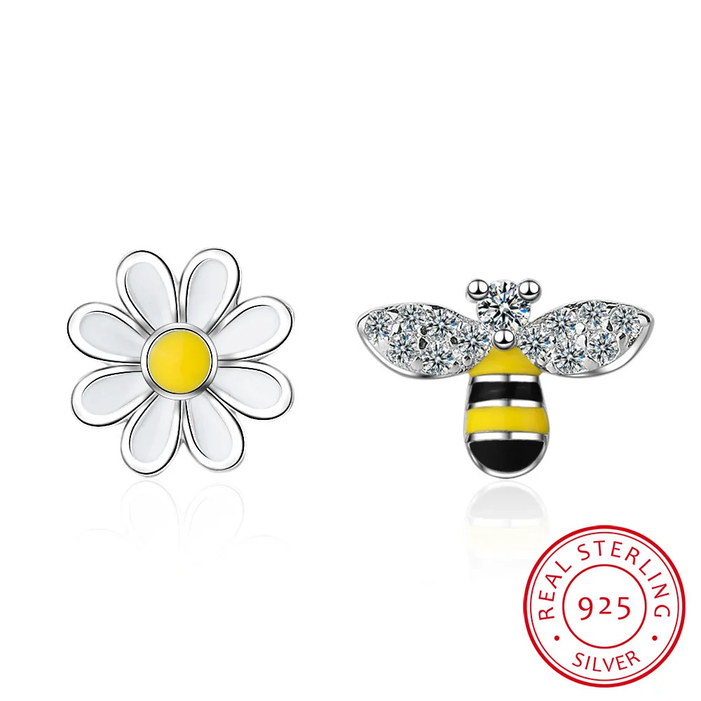 Top Trends: Lovely Asymmetric Bee Sun Flower Zircon Earrings For Women Girl 925 Sterling Silver Earrings Boucle D&#039;oreille S-E644 Shoppable Styles