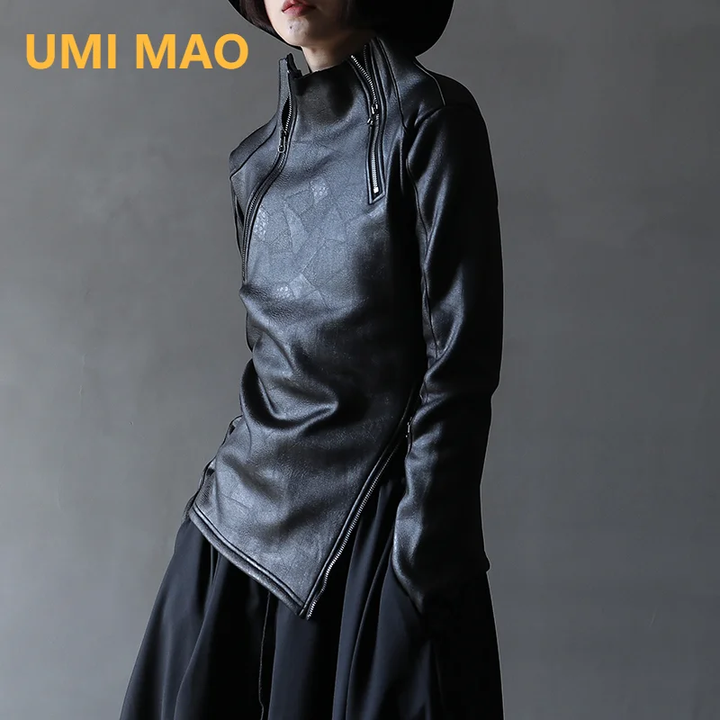 Top Trends: UMI MAO Dark Yamamoto Style Irregular Stand Collar Diagonal Zipper Faux Leather Sweatshirt Female Cool Black Gothic Jacket Y2K Shoppable Styles