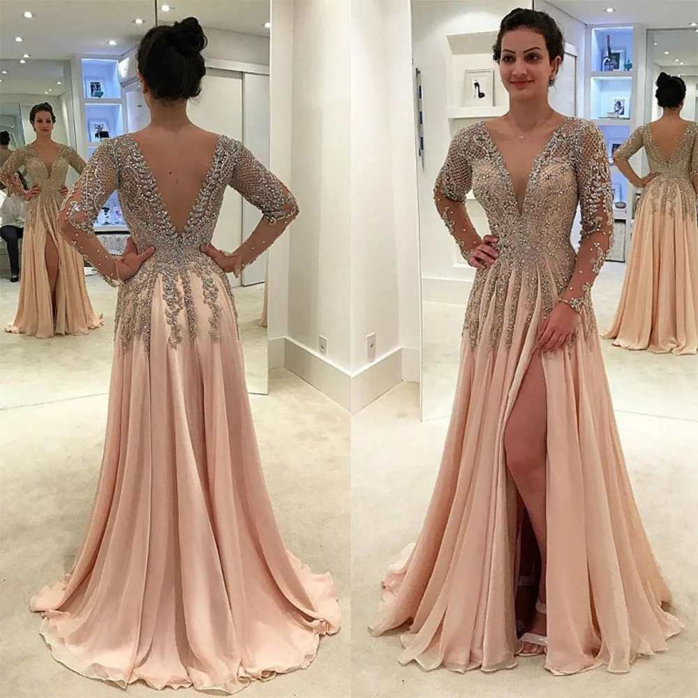 Top Trends: Backless Floor Length Crystal Beading Prom Gown Long Sleeve Evening Dresses 2021 A-Line Side Slit V-Neck Chiffon Luxury Party Shoppable Styles