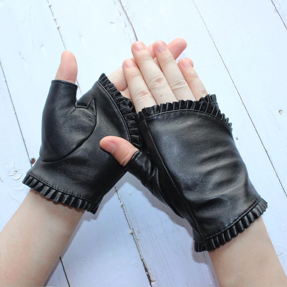 Top Trends: New Fashion Women Genuine Leather Sheepskin Fingerless High Quality Outdoor Driving Black Gloves Spring And Autumn Shoppable Styles