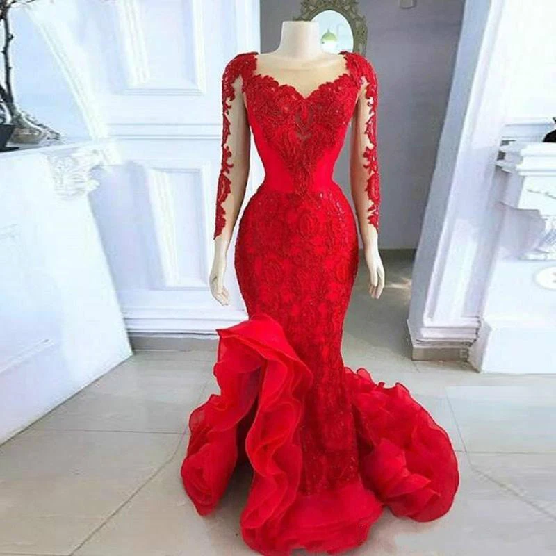 Top Trends: Red Mermaid Evening Dresses Scoop Neckline Long Illusion Sleeve Prom Dress With Lace Applique Sweep Train Custom Made Party Gown Shoppable Styles