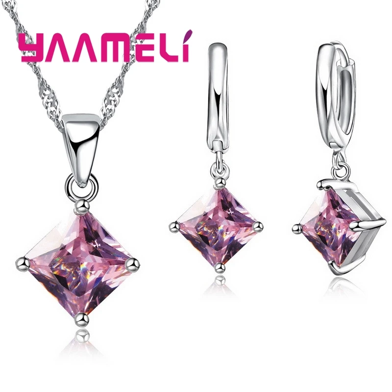 Top Trends: New Fashion Women Pendants Necklace Simple Geometry Square Earrings Crystal 925 Sterling Silver Jewelry Sets For Wedding Shoppable Styles