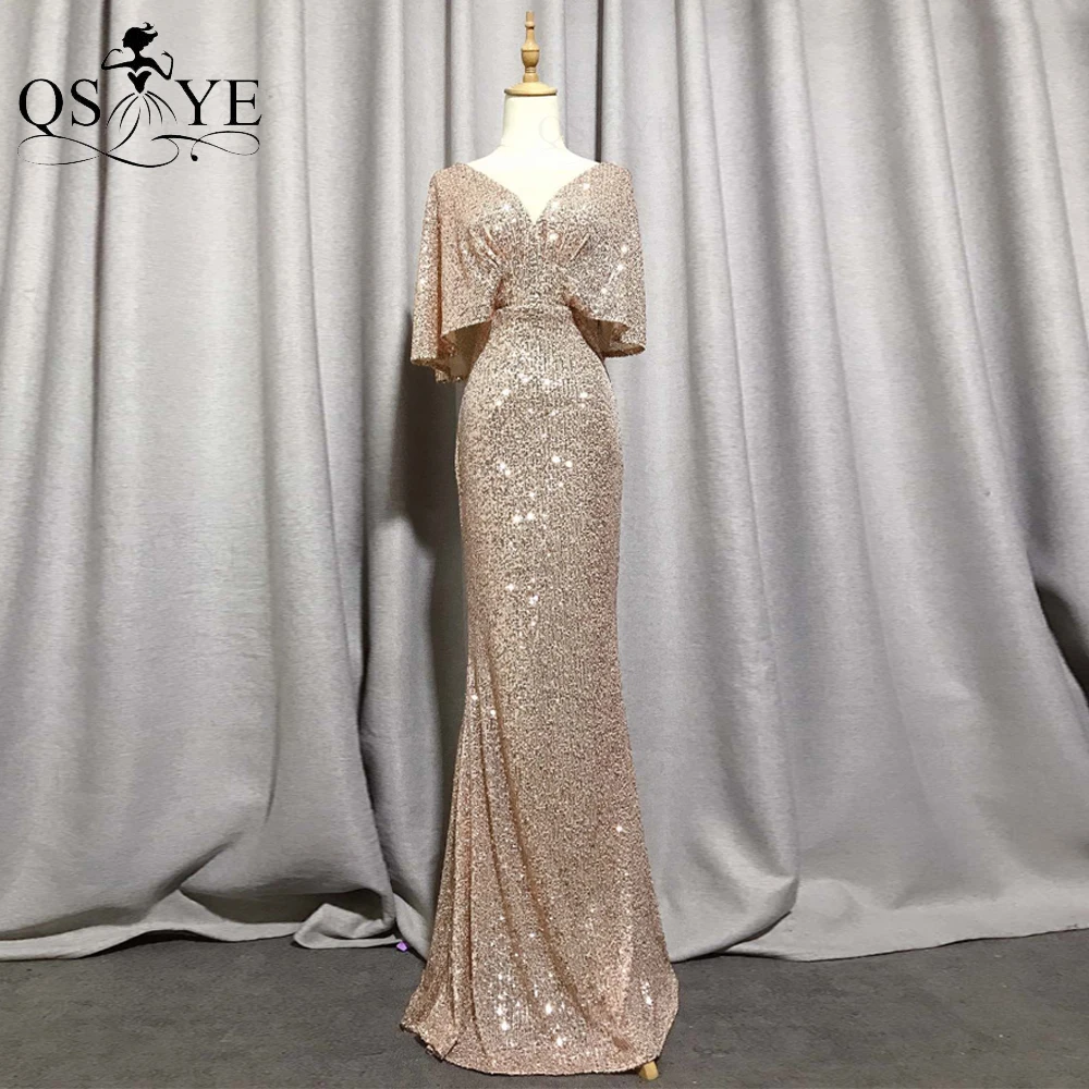 Top Trends: QSYYE Golden Evening Dresses Mermaid Short Sleeves Sexy V Neck Evening Gown Elegant Glitter Bat Sleeves Formal Party Dress Shoppable Styles