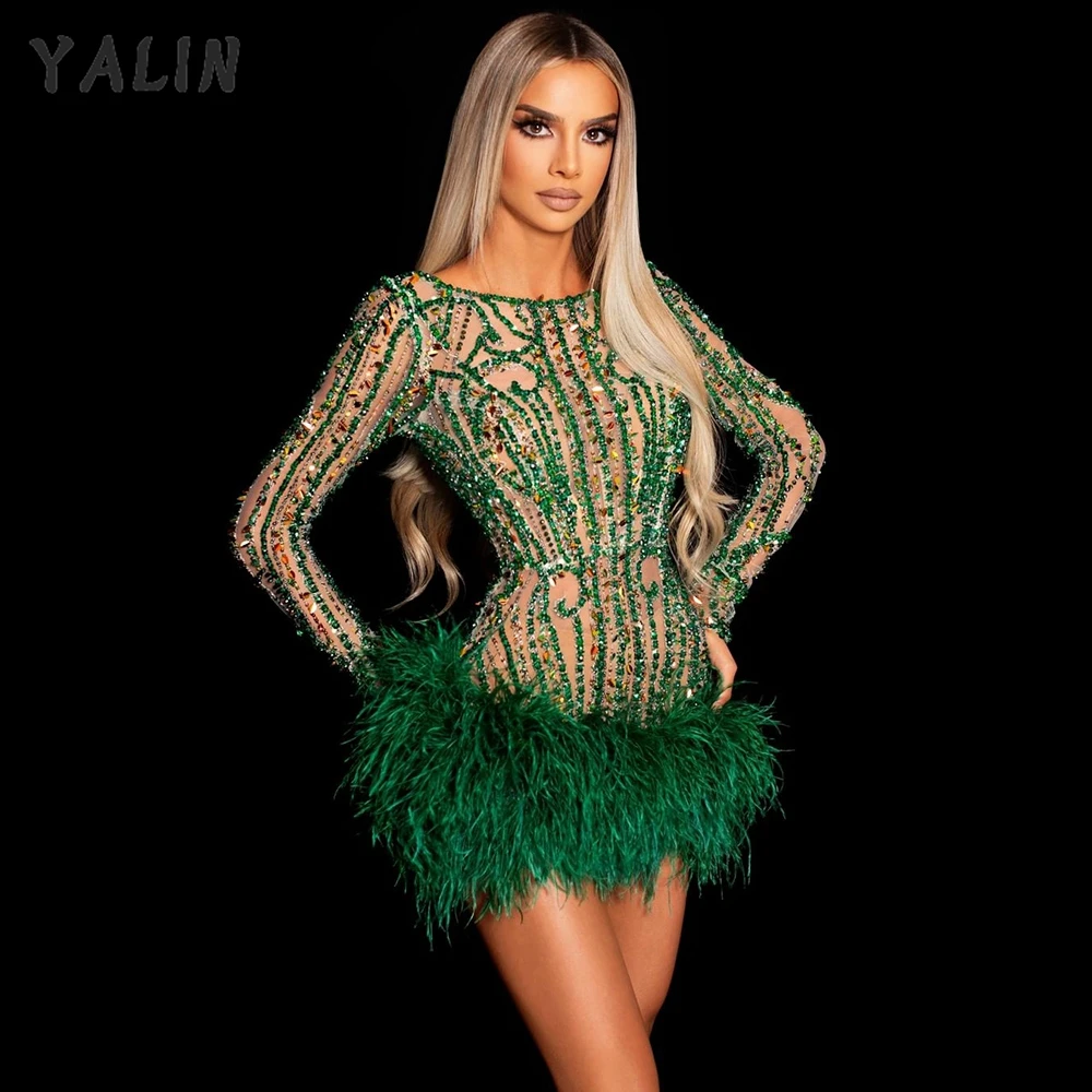 Top Trends: YALIN Green Crystals Cocktail Dresses Mini Long Sleeves Feathers Prom Women O Neck Party Gowns Vestidos De Fiesta Shoppable Styles