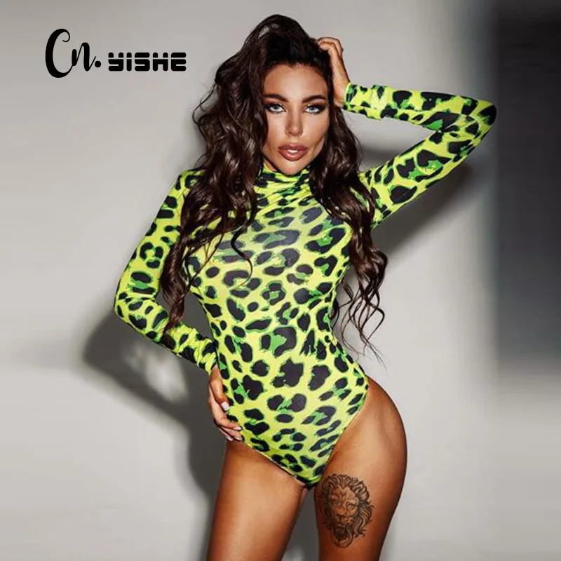 Top Trends: CNYISHE Leopard Prinetd Neon Green Women Bodysuits Long Sleeve Sexy Club Streetwear Fashion Jumpsuits Slim Sheath Tops Rompers Shoppable Styles