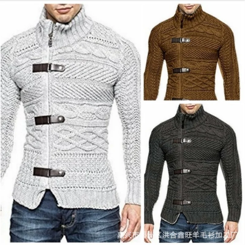 Top Trends: Men's Knitted Sweater Turtleneck 3-leather Buckle Long-sleeved Fashion Casual Solid Color Autumn Winter Male Cardigan Plus Size Shoppable Styles