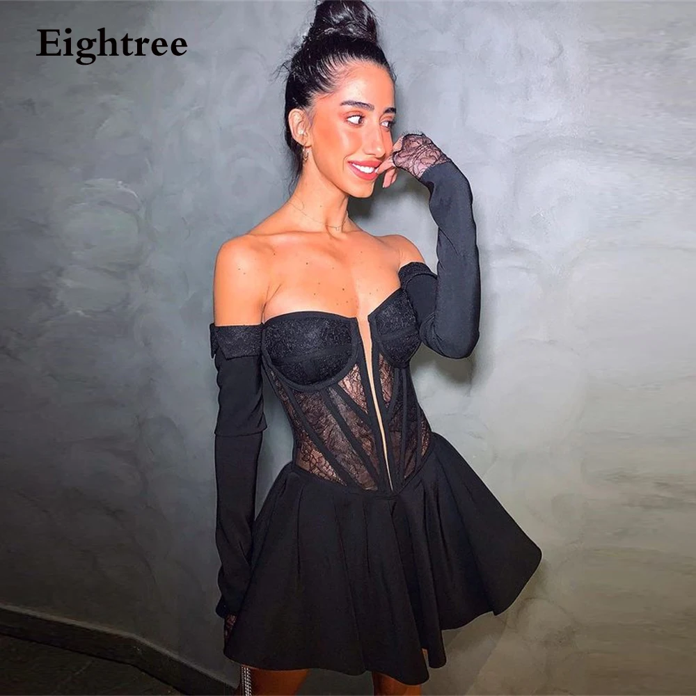 Top Trends: Eightree Sexy Black Short Mini Long Sleeves Evening Dresses Prom Dress Tulle Sweetheart Formal Party Gowns Graduation Gown Shoppable Styles