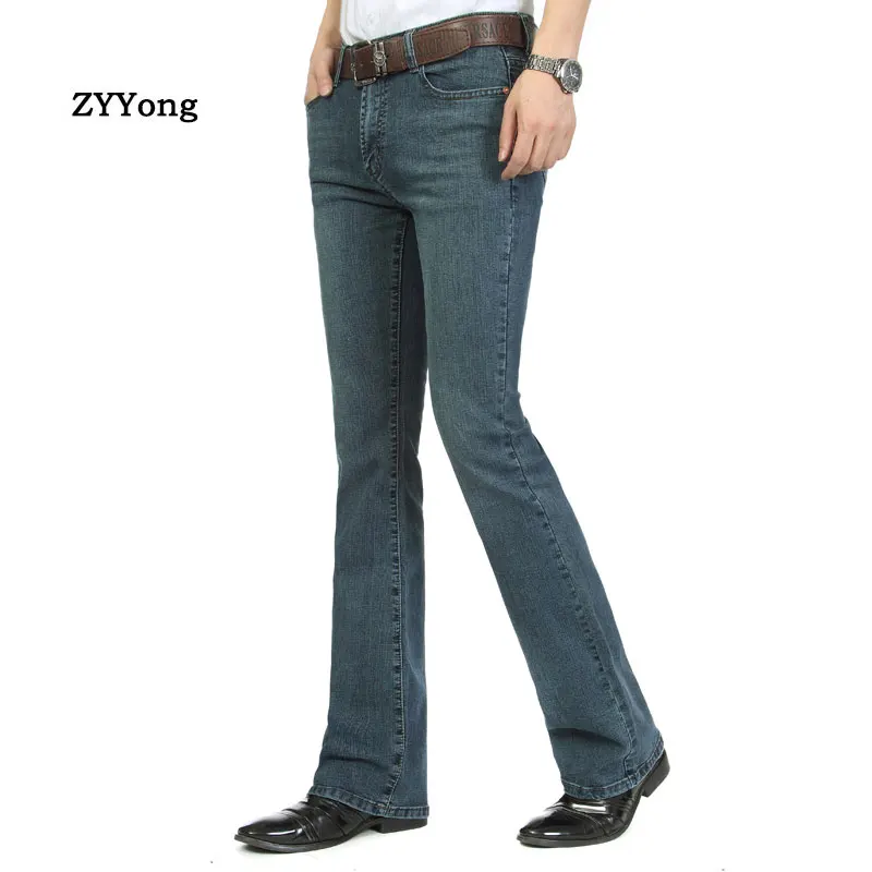 Top Trends: Retro Men&#039;s Jeans Trousers Mid Waist Elastic Slim Elegant Boot Cut Semi-Flared Bell Bottom Blue Denim Pants 26-38 Shoppable Styles