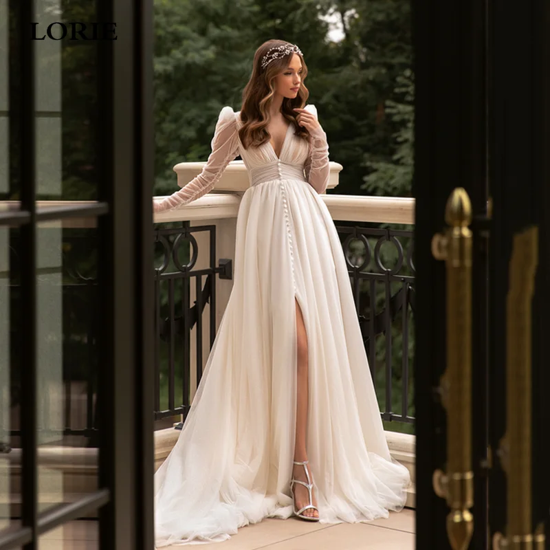 Top Trends: LORIE Fairy Ivory A Line Wedding Dress 2022 Long Sleeve V Neck Bride Dress Puff Tulle Side Split Boho Wedding Gowns Shoppable Styles